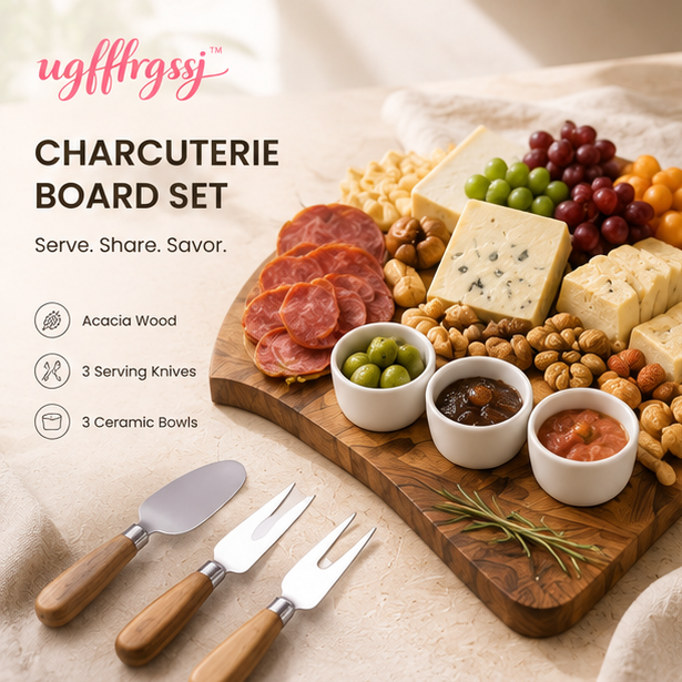 ugfffrgssj™ Acacia Wood Charcuterie Board Set with Serving Knives & Ceramic Dip Bowls