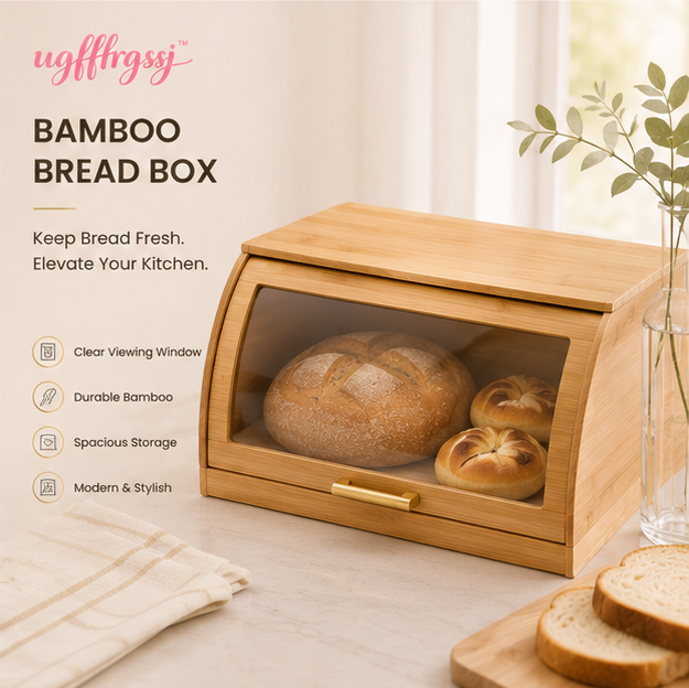 ugfffrgssj™ Bamboo Bread Box with Clear Viewing Window & Countertop Storage