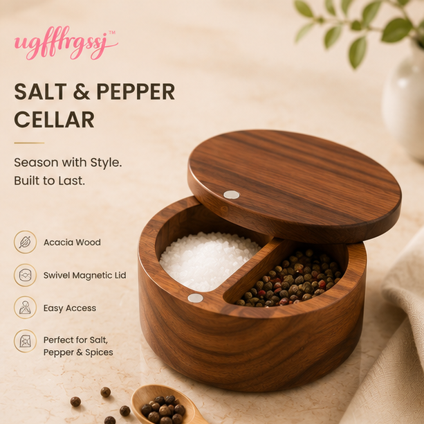 ugfffrgssj™ Acacia Wood Salt & Pepper Cellar with Swivel Magnetic Lid